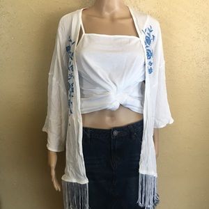 Clover + Scout Floral embroidered fringe kimono